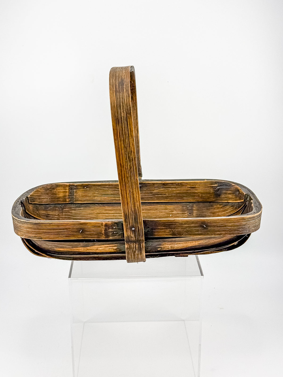 Vintage Rustic Wooden Basket with Tall Arched Handle