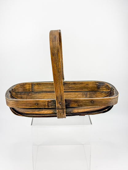 Vintage Rustic Wooden Basket with Tall Arched Handle