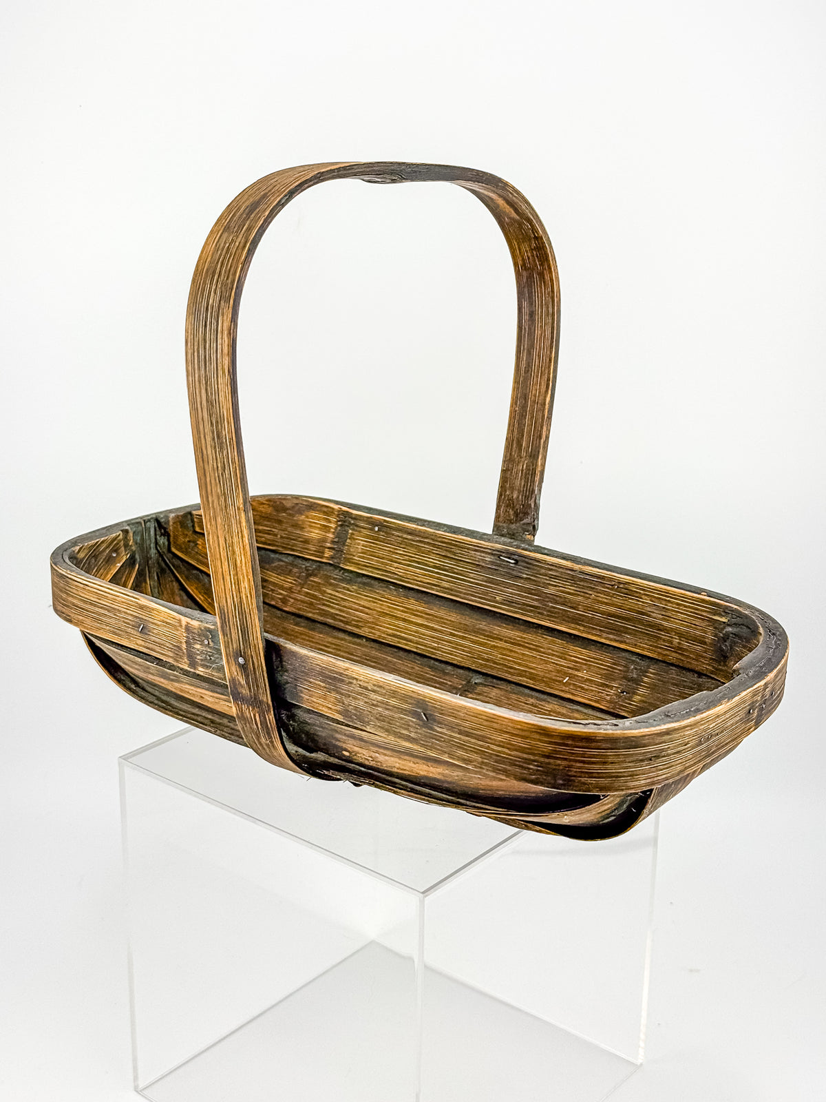 Vintage Rustic Wooden Basket with Tall Arched Handle