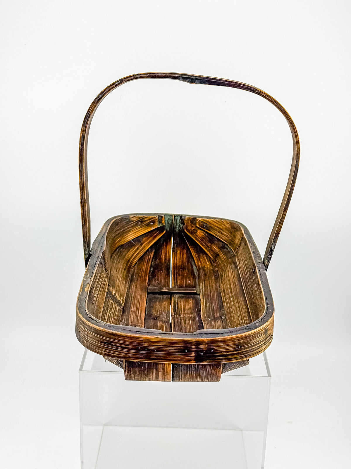 Vintage Rustic Wooden Basket with Tall Arched Handle