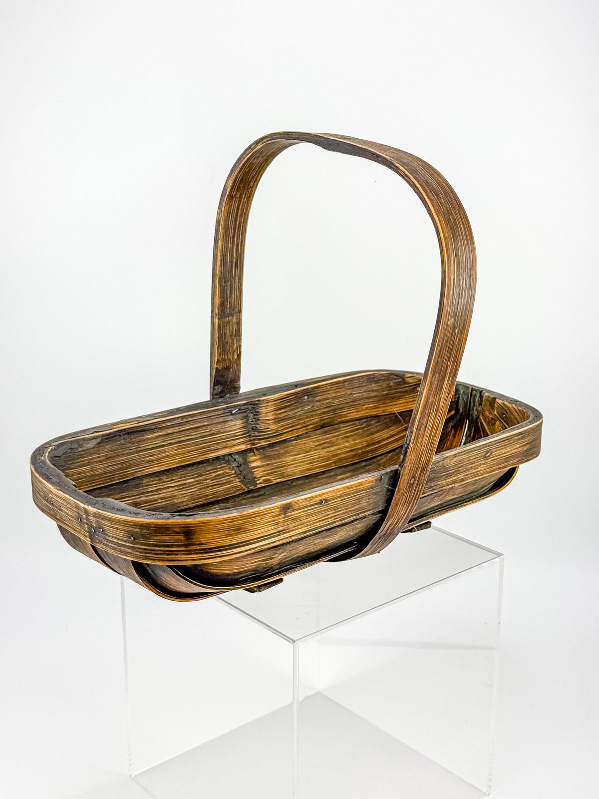 Vintage Rustic Wooden Basket with Tall Arched Handle