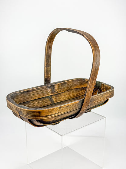 Vintage Rustic Wooden Basket with Tall Arched Handle