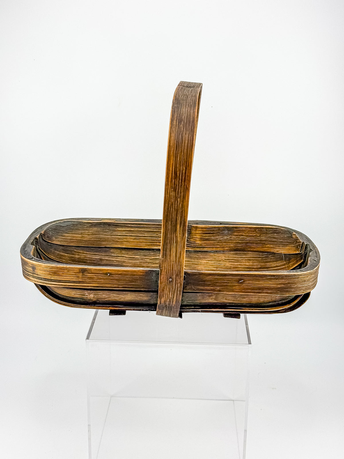 Vintage Rustic Wooden Basket with Tall Arched Handle