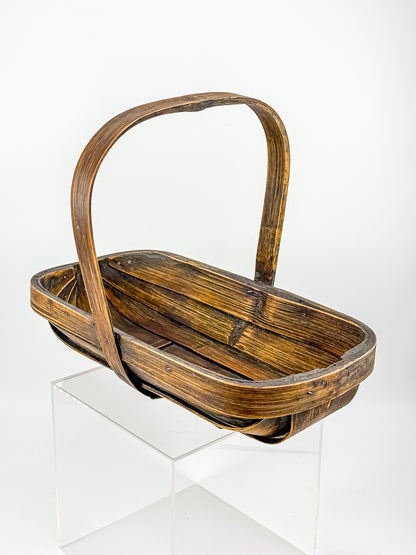 Vintage Rustic Wooden Basket with Tall Arched Handle
