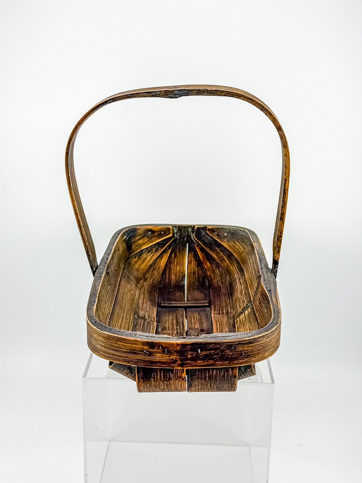 Vintage Rustic Wooden Basket with Tall Arched Handle