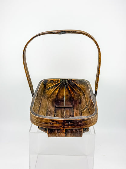 Vintage Rustic Wooden Basket with Tall Arched Handle