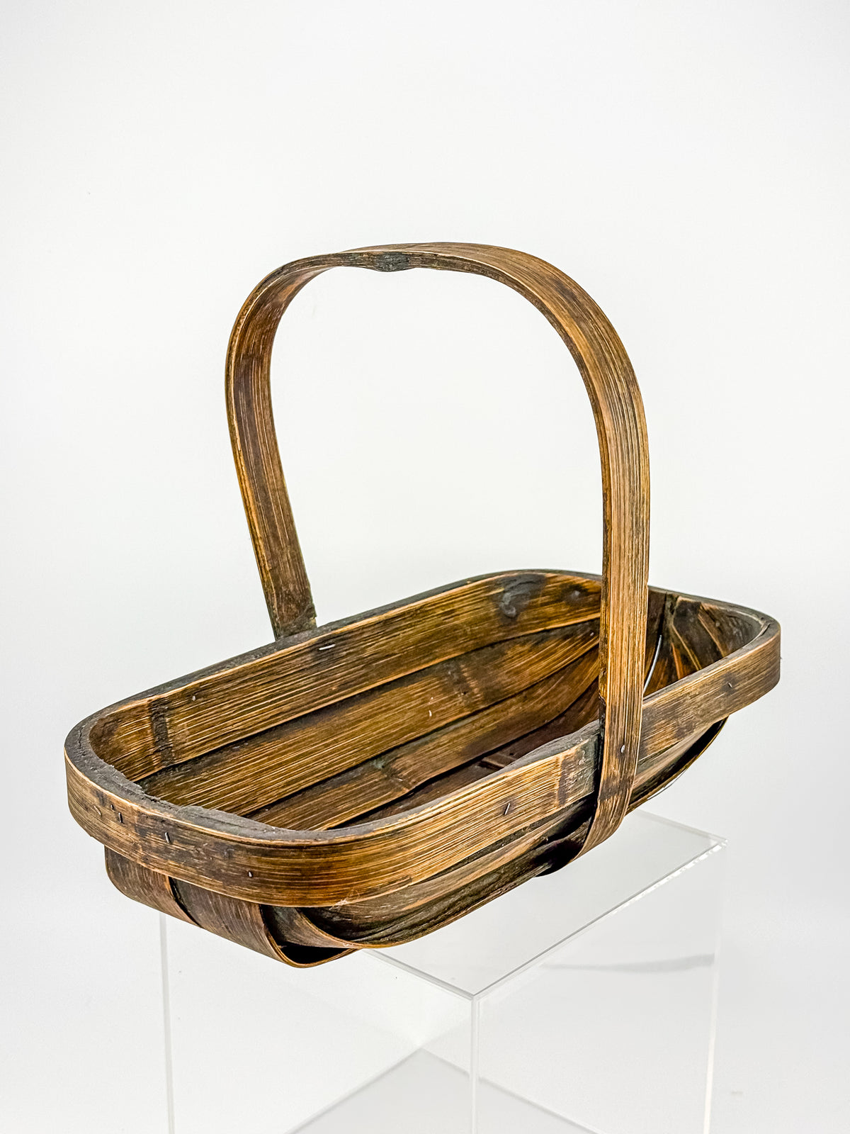 Vintage Rustic Wooden Basket with Tall Arched Handle