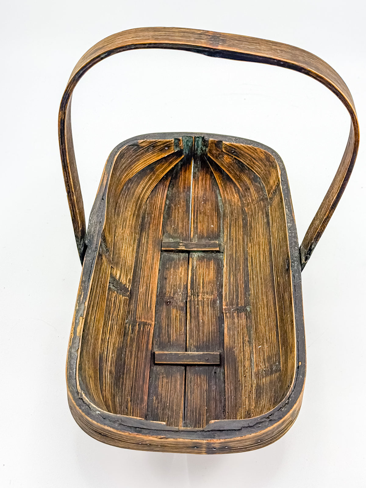 Vintage Rustic Wooden Basket with Tall Arched Handle