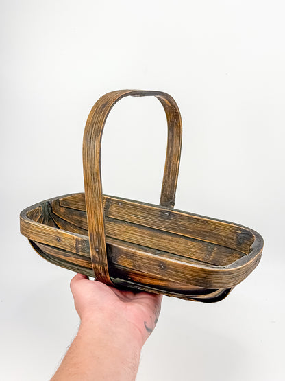 Vintage Rustic Wooden Basket with Tall Arched Handle