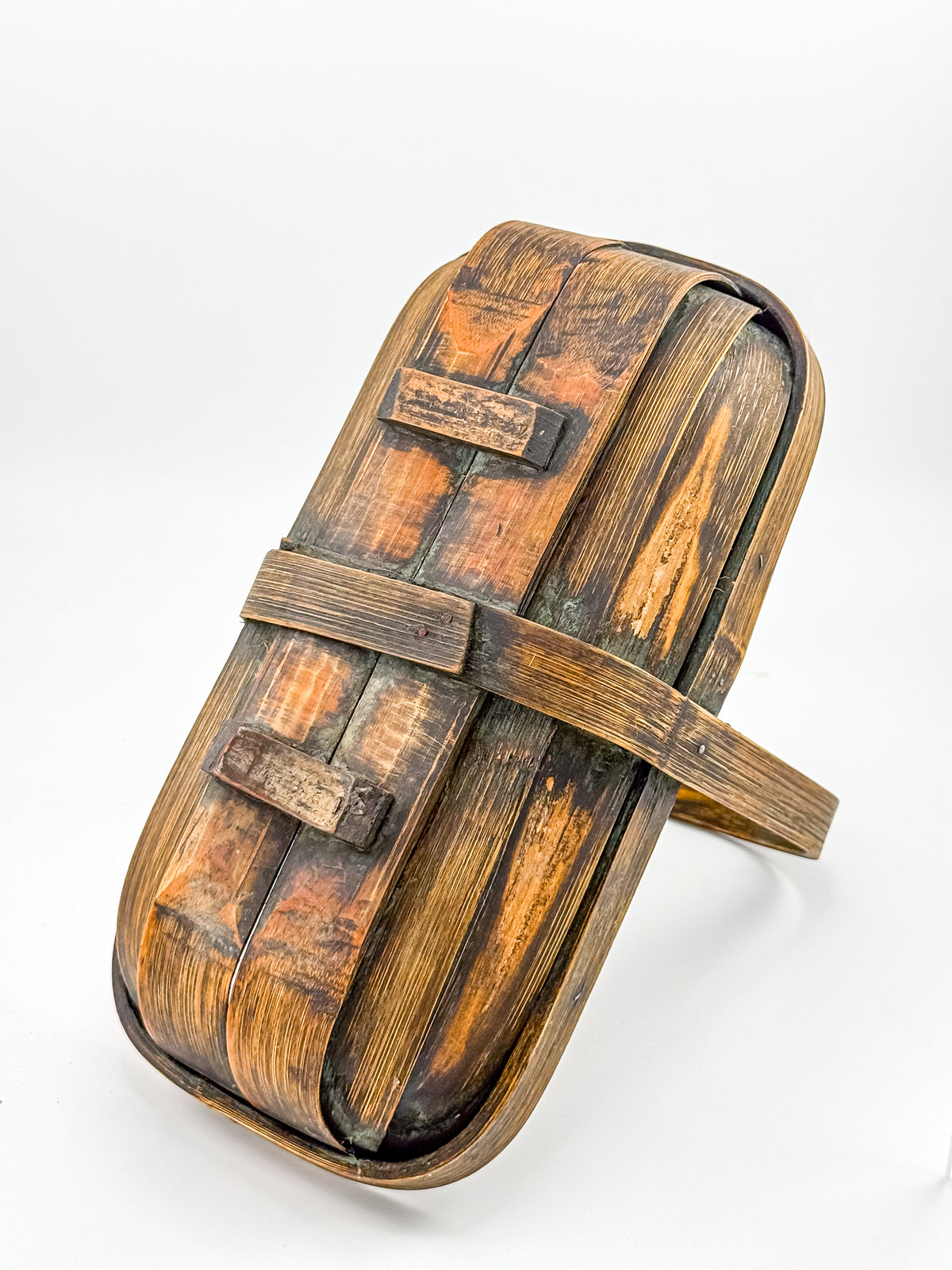 Vintage Rustic Wooden Basket with Tall Arched Handle