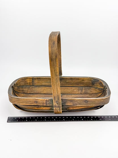 Vintage Rustic Wooden Basket with Tall Arched Handle