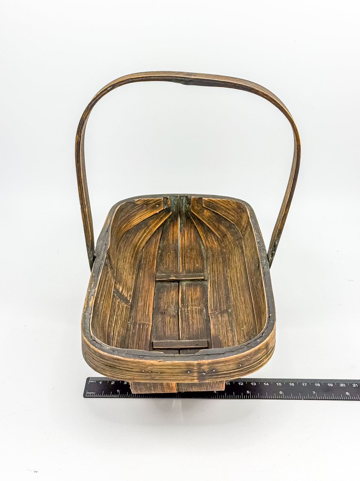 Vintage Rustic Wooden Basket with Tall Arched Handle