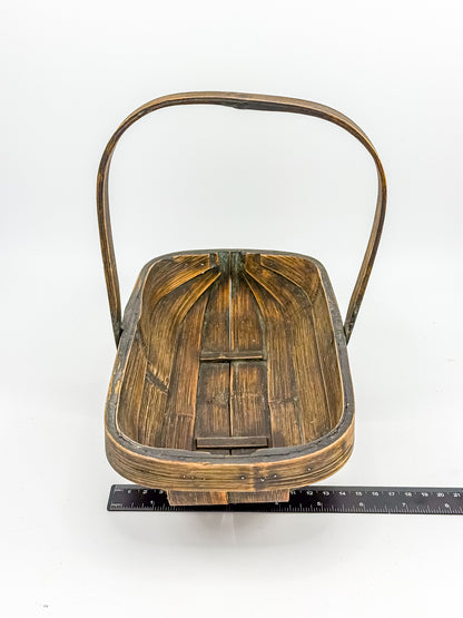 Vintage Rustic Wooden Basket with Tall Arched Handle