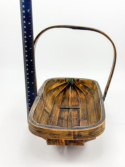 Vintage Rustic Wooden Basket with Tall Arched Handle