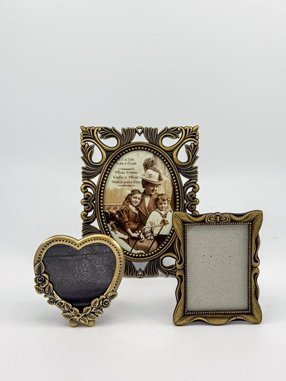 Vintage-Style Ornate Brass-Tone Picture Frames, Set of Three with Oval, Rectangle and Heart Openings