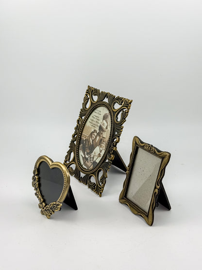 Vintage-Style Ornate Brass-Tone Picture Frames, Set of Three with Oval, Rectangle and Heart Openings