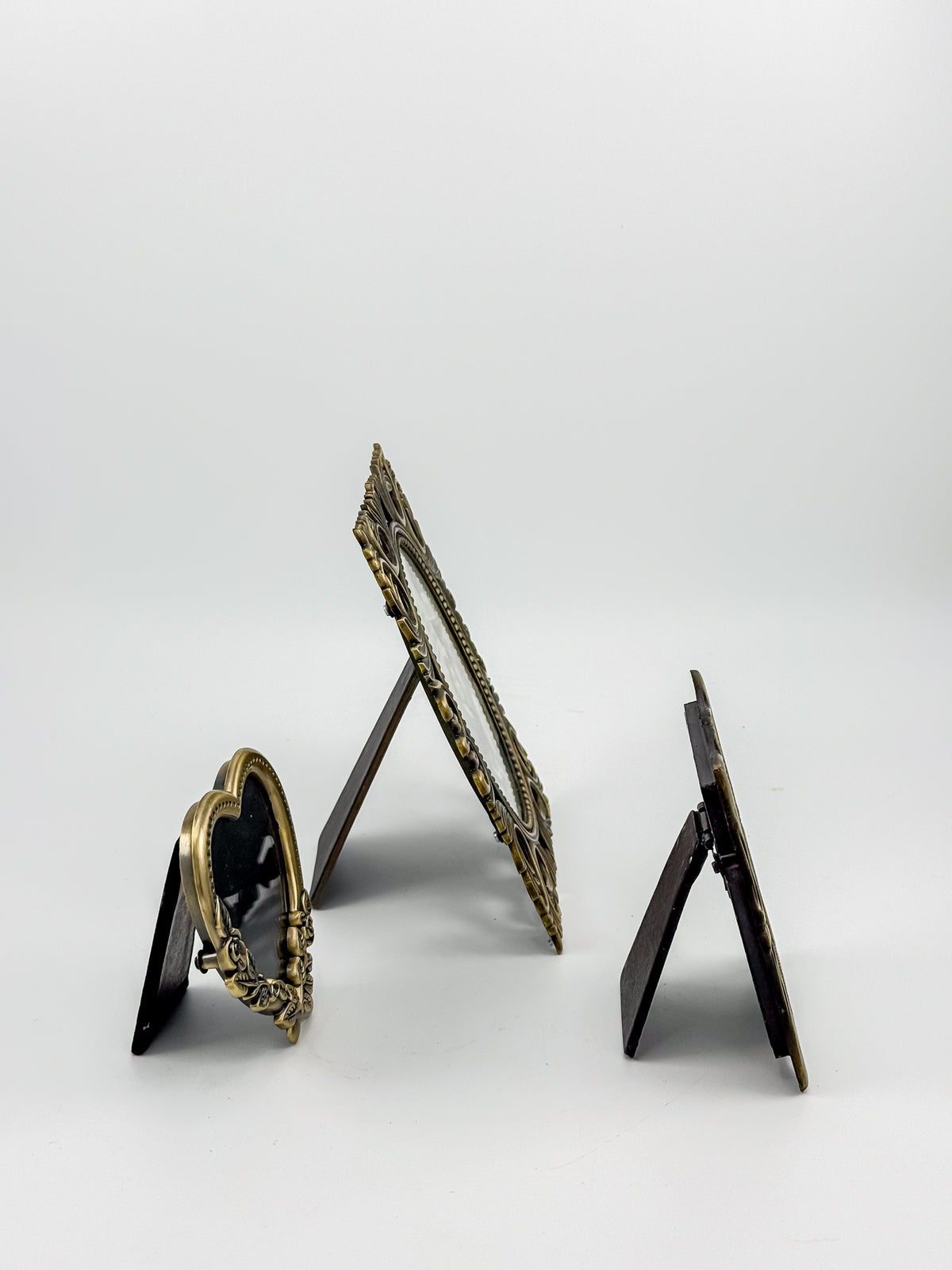 Vintage-Style Ornate Brass-Tone Picture Frames, Set of Three with Oval, Rectangle and Heart Openings