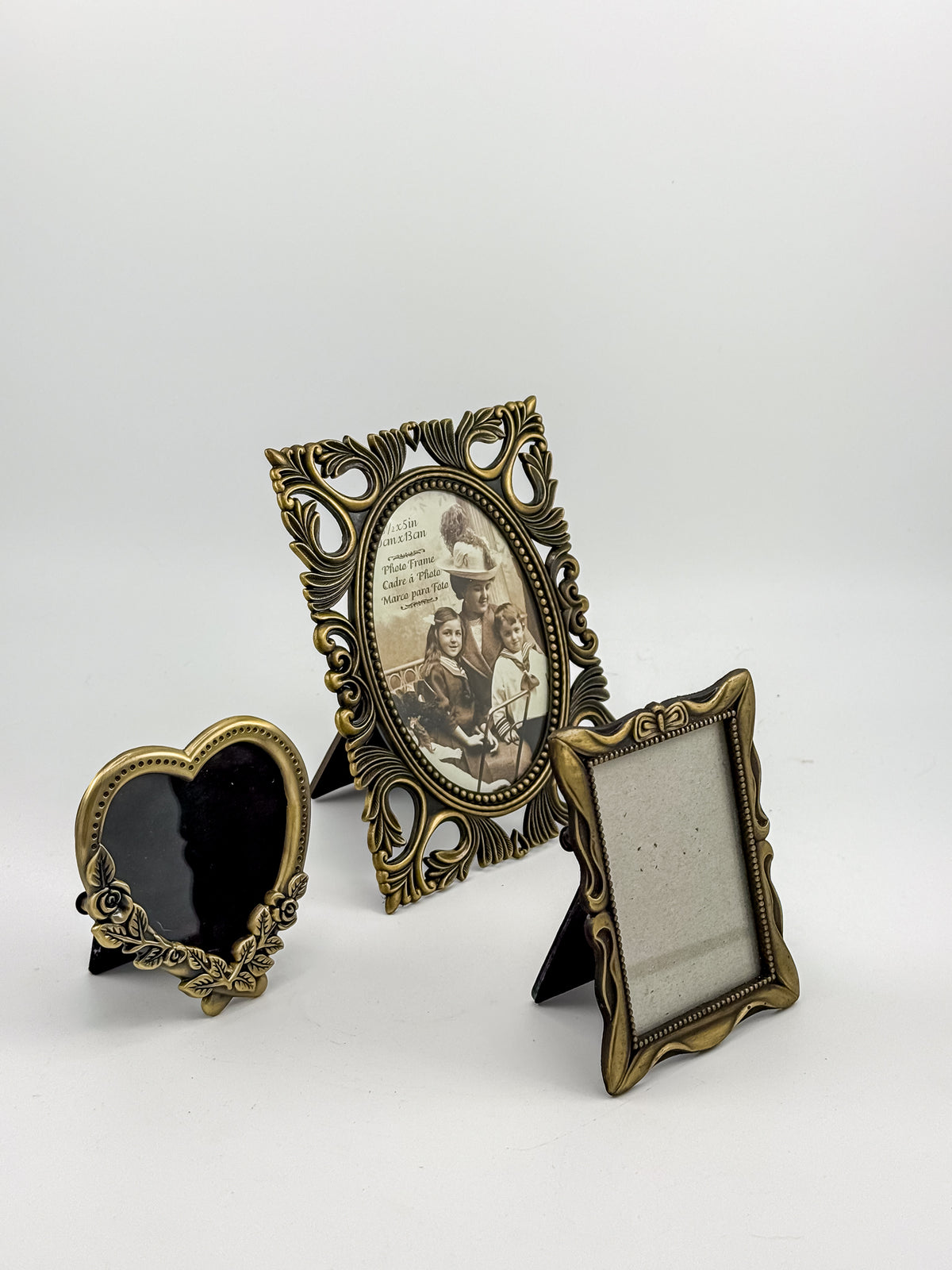 Vintage-Style Ornate Brass-Tone Picture Frames, Set of Three with Oval, Rectangle and Heart Openings