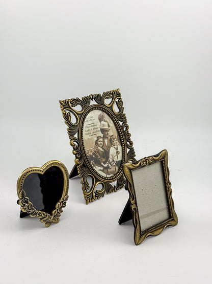 Vintage-Style Ornate Brass-Tone Picture Frames, Set of Three with Oval, Rectangle and Heart Openings