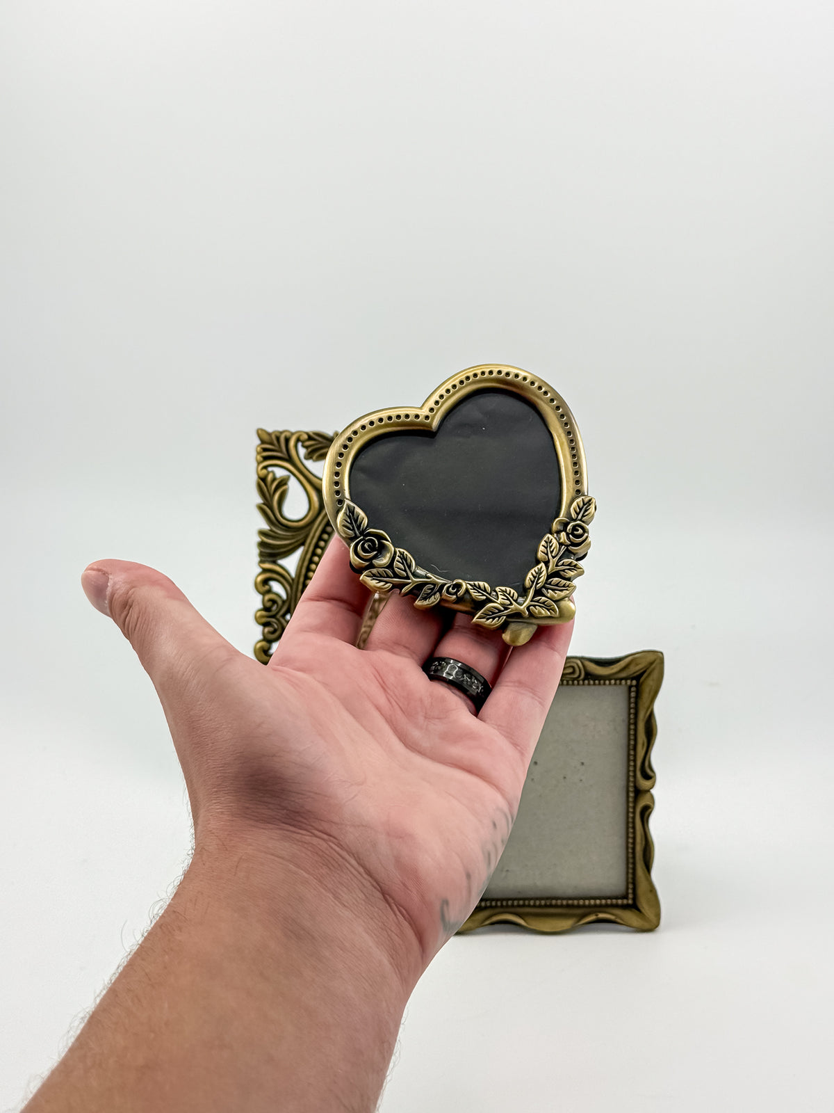 Vintage-Style Ornate Brass-Tone Picture Frames, Set of Three with Oval, Rectangle and Heart Openings