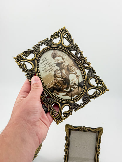 Vintage-Style Ornate Brass-Tone Picture Frames, Set of Three with Oval, Rectangle and Heart Openings