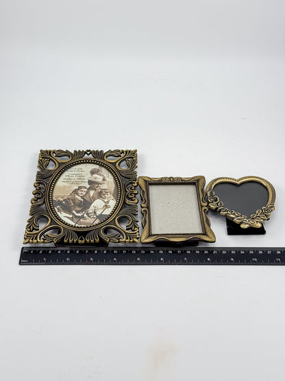 Vintage-Style Ornate Brass-Tone Picture Frames, Set of Three with Oval, Rectangle and Heart Openings