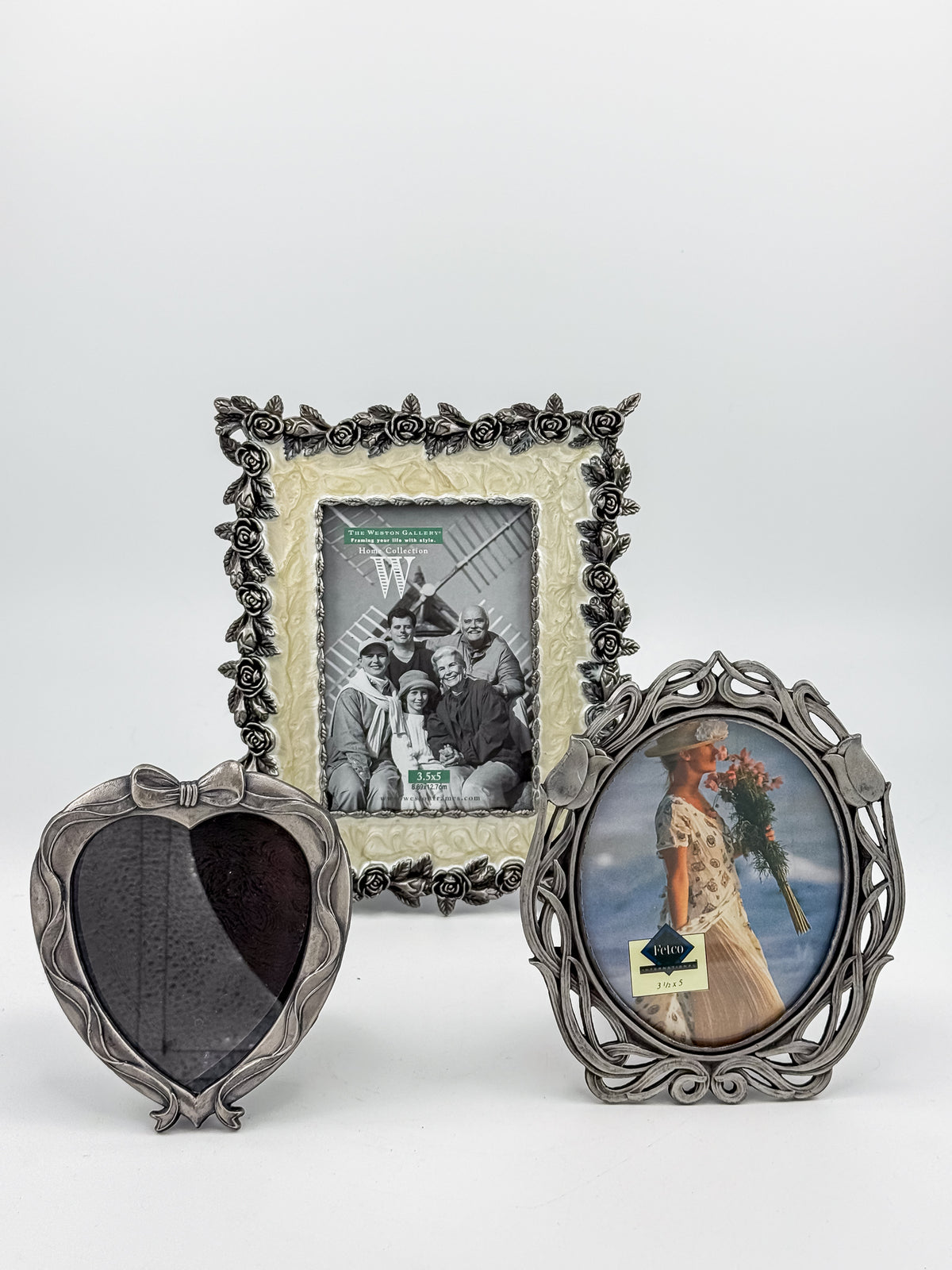 Ornate Pewter and Enamel Picture Frame with Two Silver-Tone Frames, Set of Three