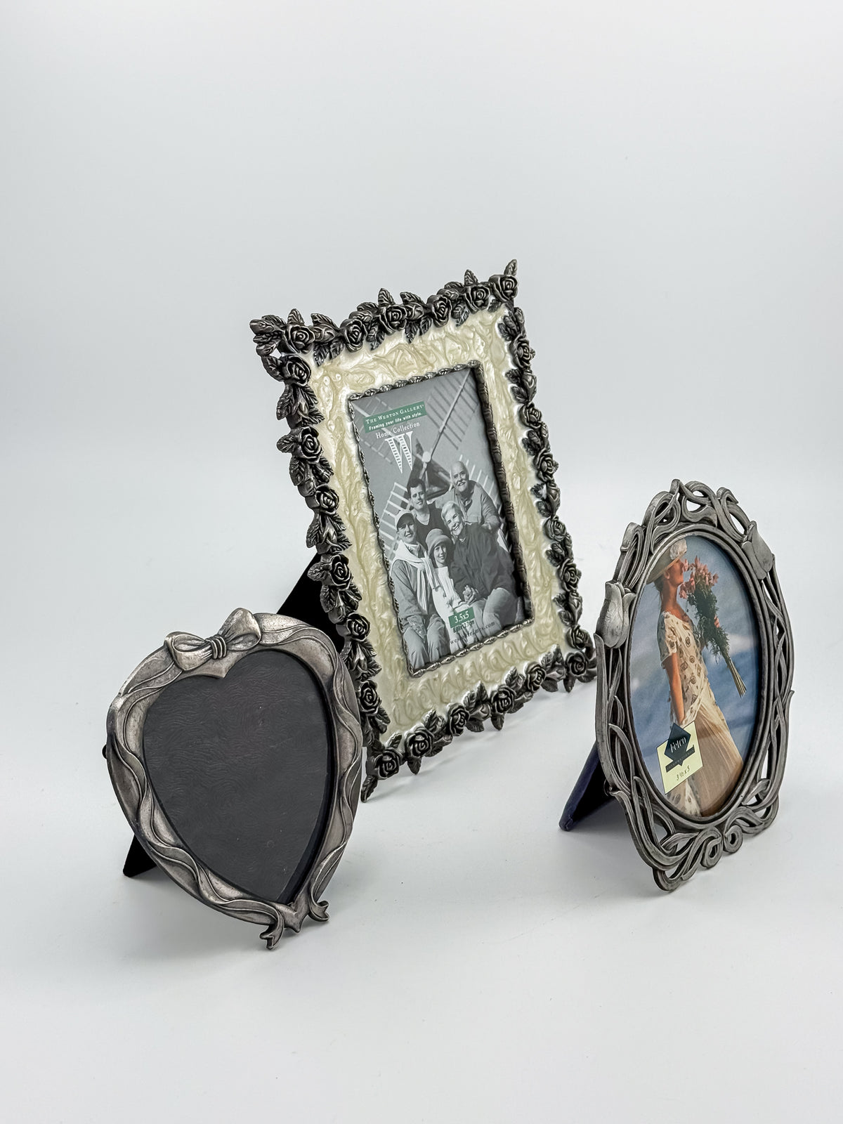 Ornate Pewter and Enamel Picture Frame with Two Silver-Tone Frames, Set of Three