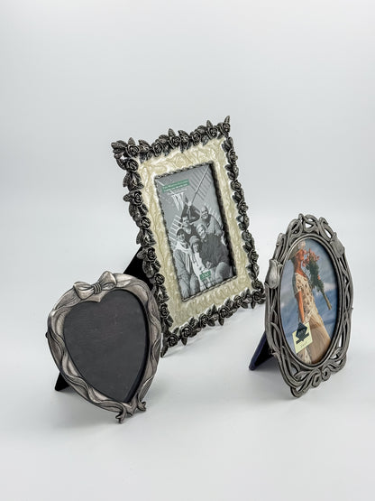 Ornate Pewter and Enamel Picture Frame with Two Silver-Tone Frames, Set of Three