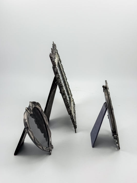 Ornate Pewter and Enamel Picture Frame with Two Silver-Tone Frames, Set of Three