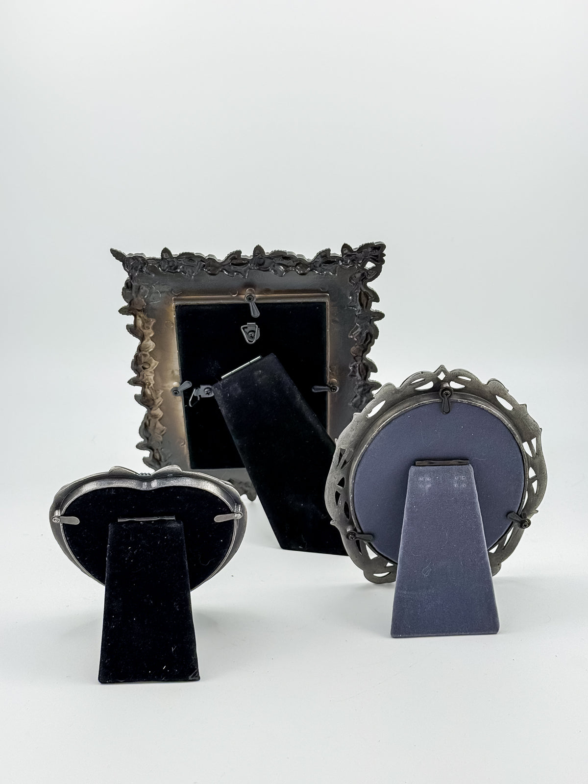 Ornate Pewter and Enamel Picture Frame with Two Silver-Tone Frames, Set of Three