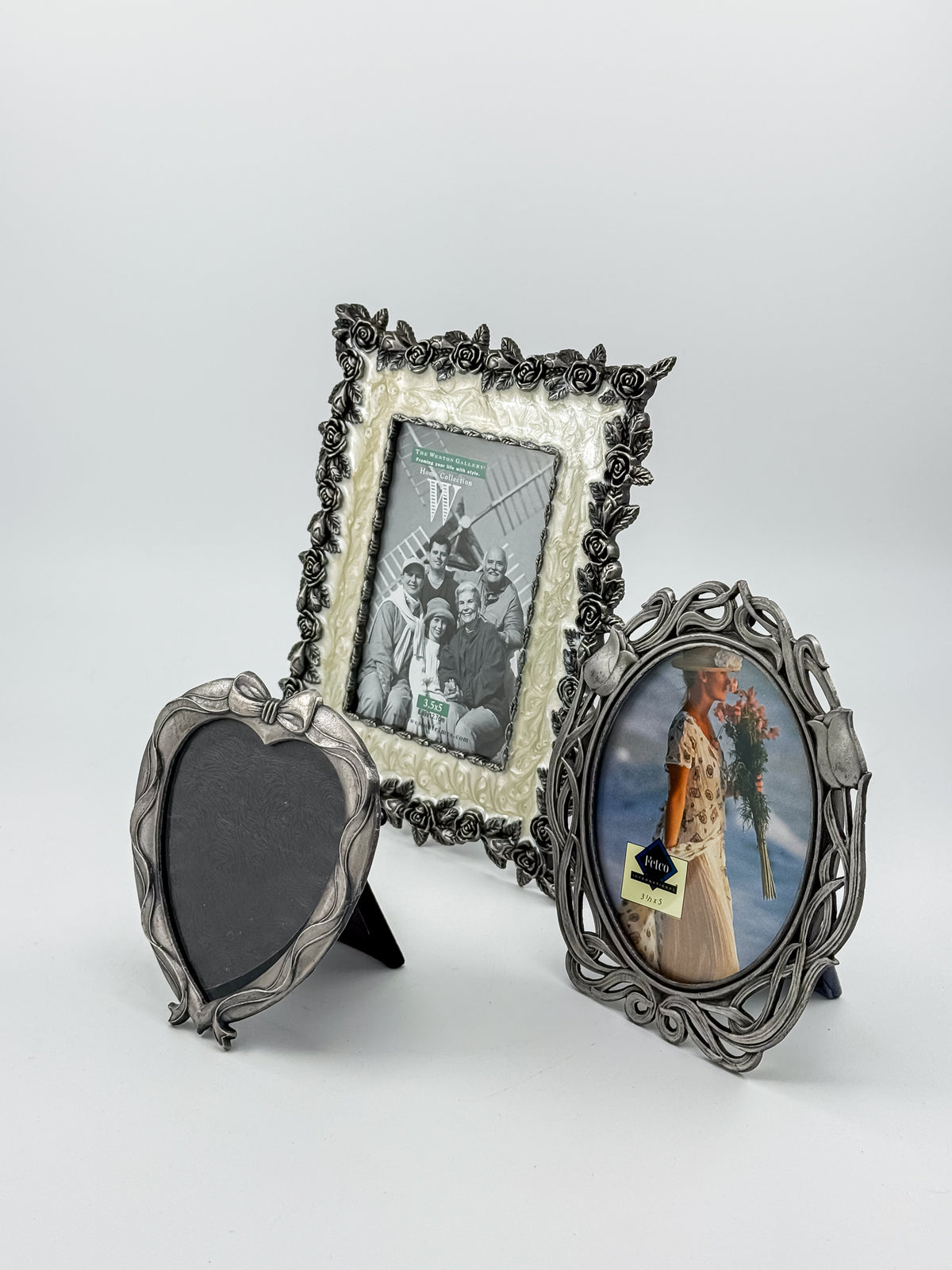 Ornate Pewter and Enamel Picture Frame with Two Silver-Tone Frames, Set of Three