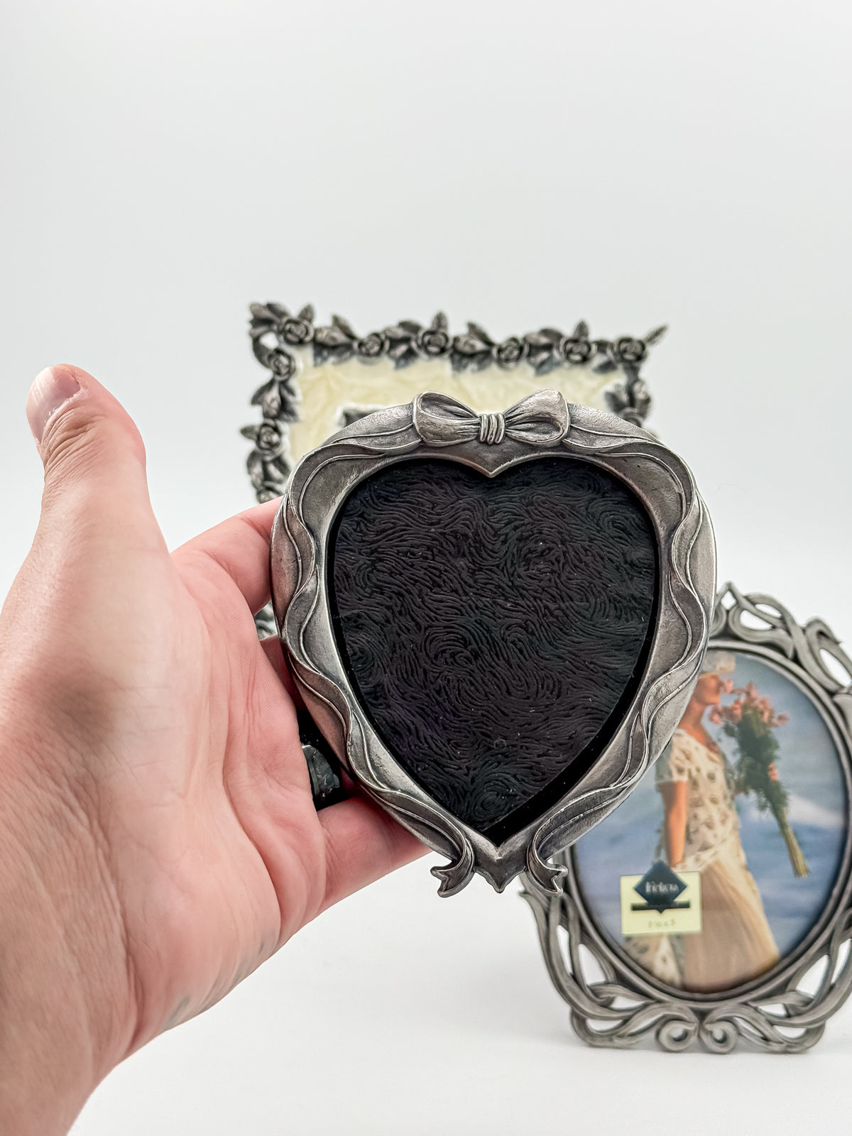 Ornate Pewter and Enamel Picture Frame with Two Silver-Tone Frames, Set of Three