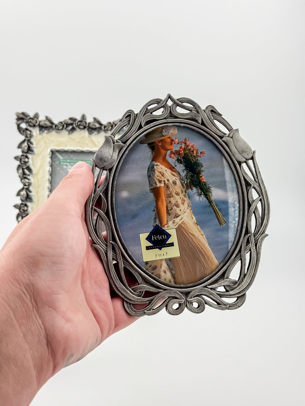 Ornate Pewter and Enamel Picture Frame with Two Silver-Tone Frames, Set of Three