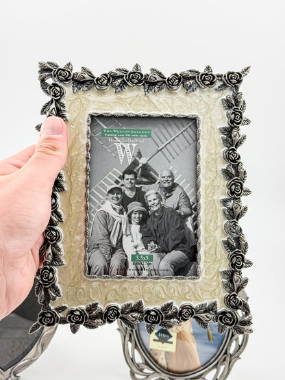 Ornate Pewter and Enamel Picture Frame with Two Silver-Tone Frames, Set of Three