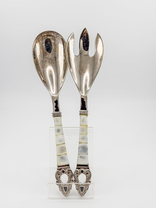 Vintage-Style Salad Serving Spoon and Fork - Possible Silver Plate - Mother-of-Pearl Handles