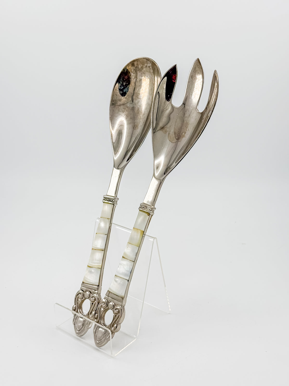 Vintage-Style Salad Serving Spoon and Fork - Possible Silver Plate - Mother-of-Pearl Handles