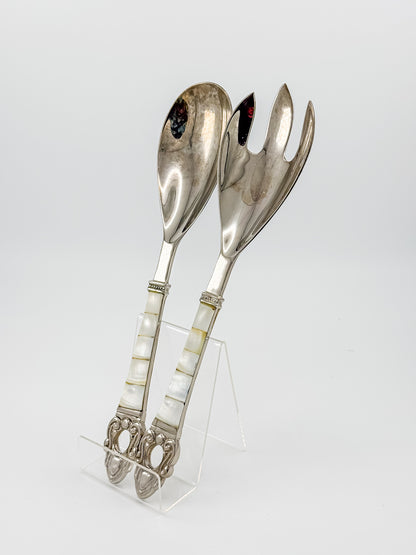 Vintage-Style Salad Serving Spoon and Fork - Possible Silver Plate - Mother-of-Pearl Handles