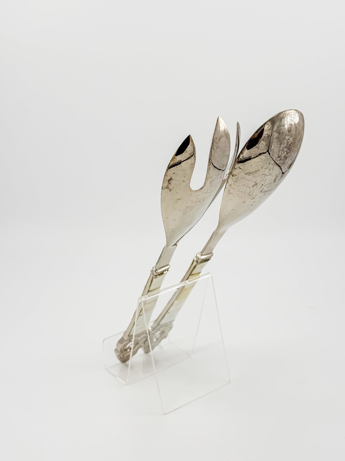 Vintage-Style Salad Serving Spoon and Fork - Possible Silver Plate - Mother-of-Pearl Handles
