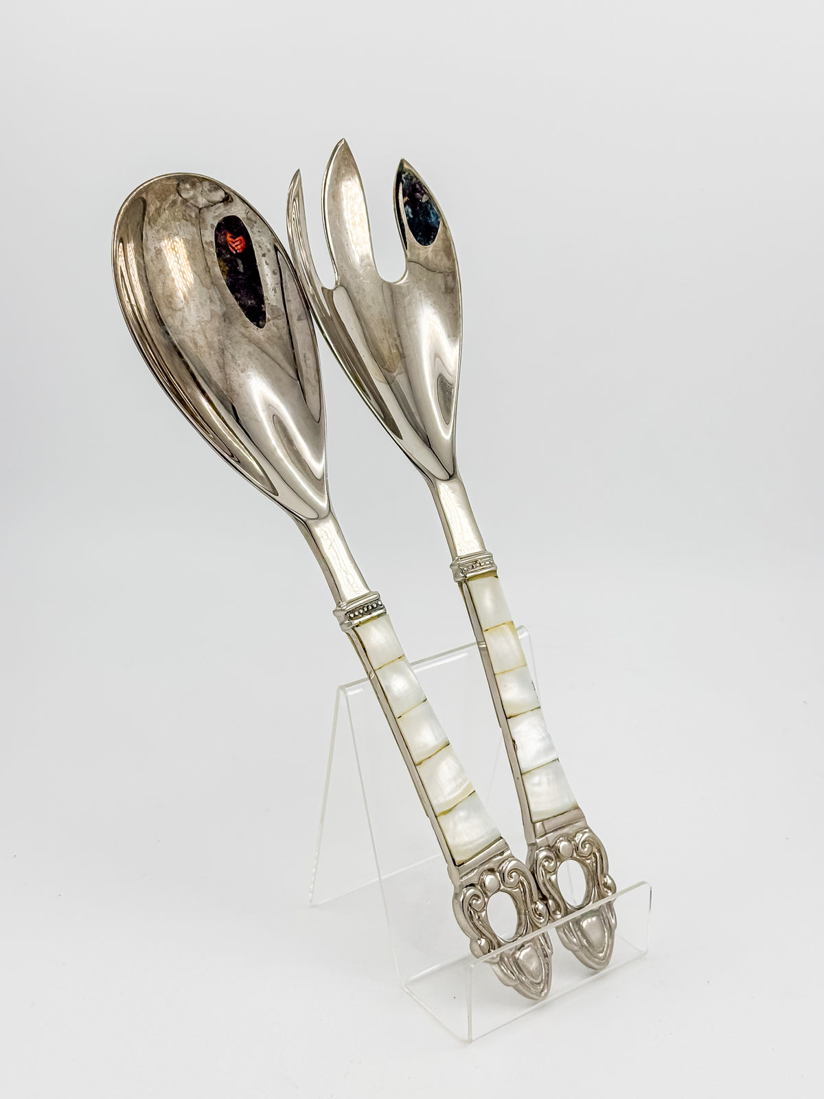 Vintage-Style Salad Serving Spoon and Fork - Possible Silver Plate - Mother-of-Pearl Handles