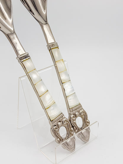 Vintage-Style Salad Serving Spoon and Fork - Possible Silver Plate - Mother-of-Pearl Handles