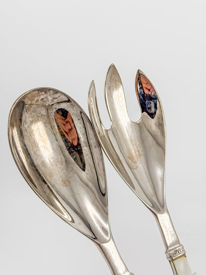 Vintage-Style Salad Serving Spoon and Fork - Possible Silver Plate - Mother-of-Pearl Handles