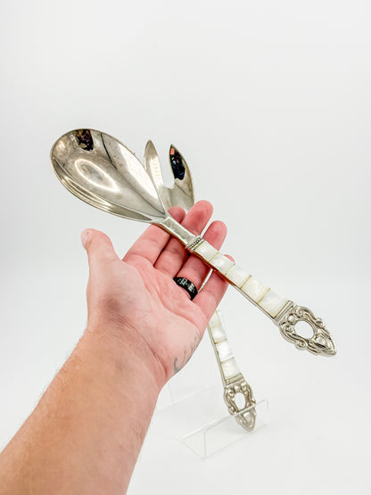 Vintage-Style Salad Serving Spoon and Fork - Possible Silver Plate - Mother-of-Pearl Handles
