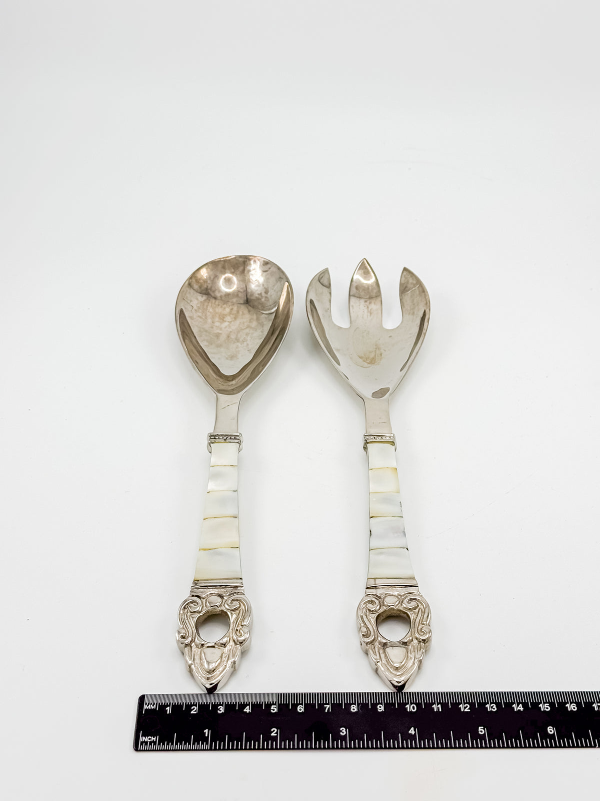 Vintage-Style Salad Serving Spoon and Fork - Possible Silver Plate - Mother-of-Pearl Handles