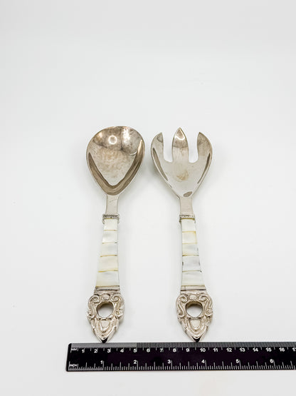 Vintage-Style Salad Serving Spoon and Fork - Possible Silver Plate - Mother-of-Pearl Handles