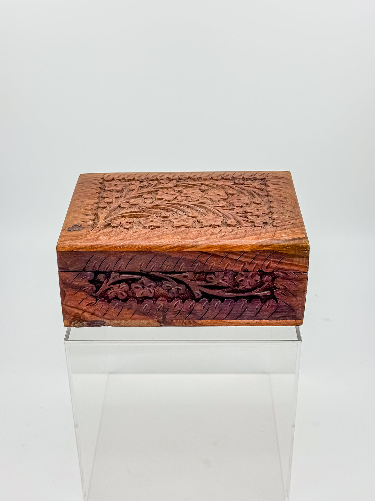 Vintage Hand-Carved Wooden Trinket Box with Floral Design and Red Lining