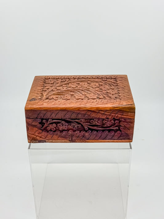 Vintage Hand-Carved Wooden Trinket Box with Floral Design and Red Lining