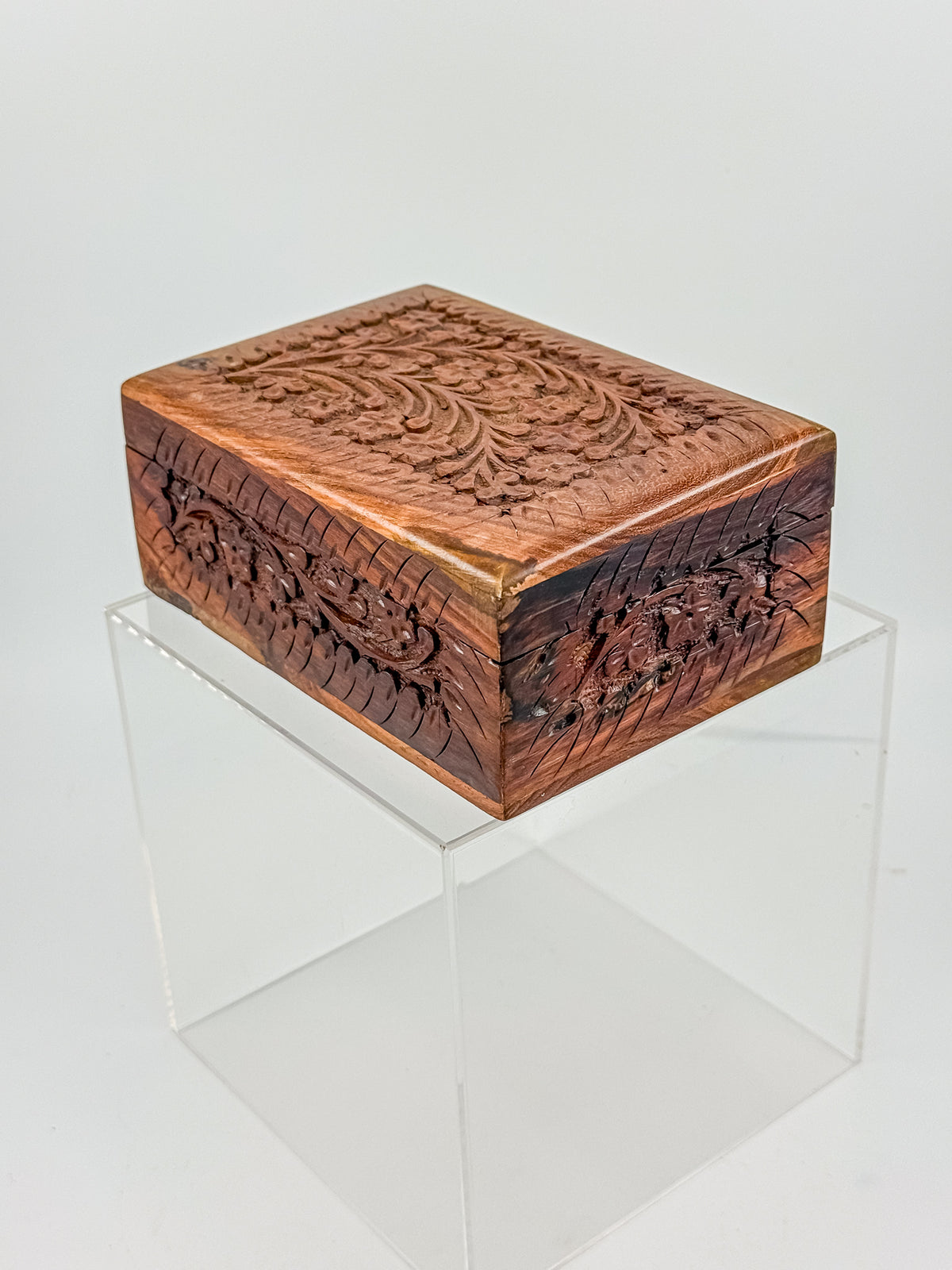 Vintage Hand-Carved Wooden Trinket Box with Floral Design and Red Lining