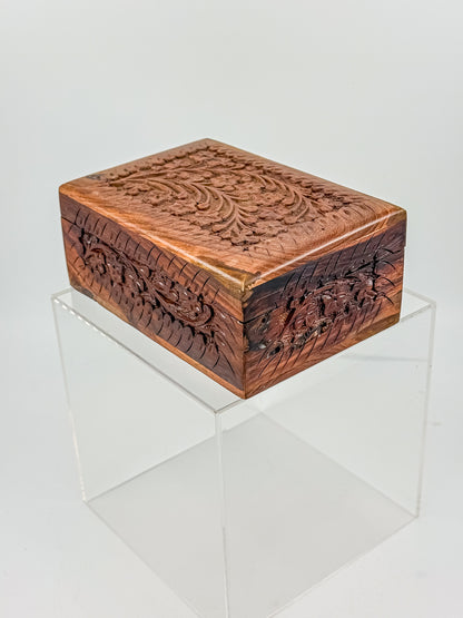 Vintage Hand-Carved Wooden Trinket Box with Floral Design and Red Lining