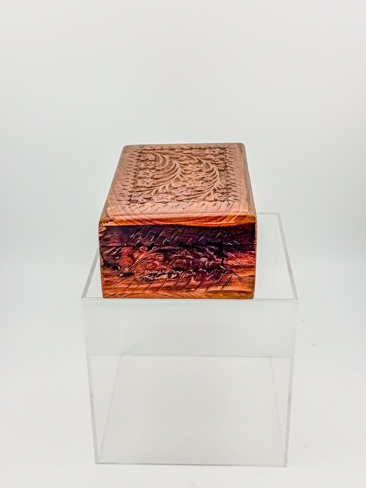 Vintage Hand-Carved Wooden Trinket Box with Floral Design and Red Lining